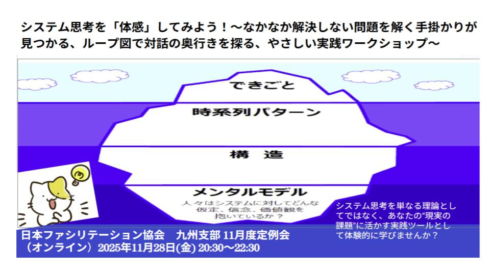 九州支部11月28日（金）オンライン定例会 システム思考を「体感」してみよう！ 〜なかなか解決しない問題を解く手掛かりが見つかる、ループ図で対話の奥行きを探る、やさしい実践ワークショップ〜
